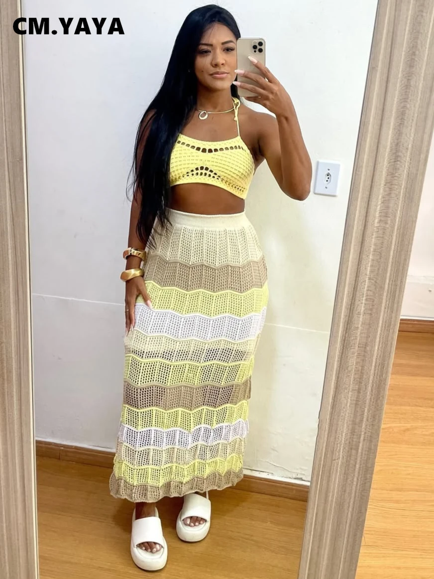 CM.YAYA Knitted Hollow Out Women’s Set strap Sleeveless Crop Top + bodycon midi maxi long Skirt 2025 Beach Two 2Piece Set Outfit CM.YAYA Knitted Hollow Out Women's Set strap Sleeveless Crop Top + bodycon midi maxi long Skirt 2025 Beach Two 2Piece Set Outfit