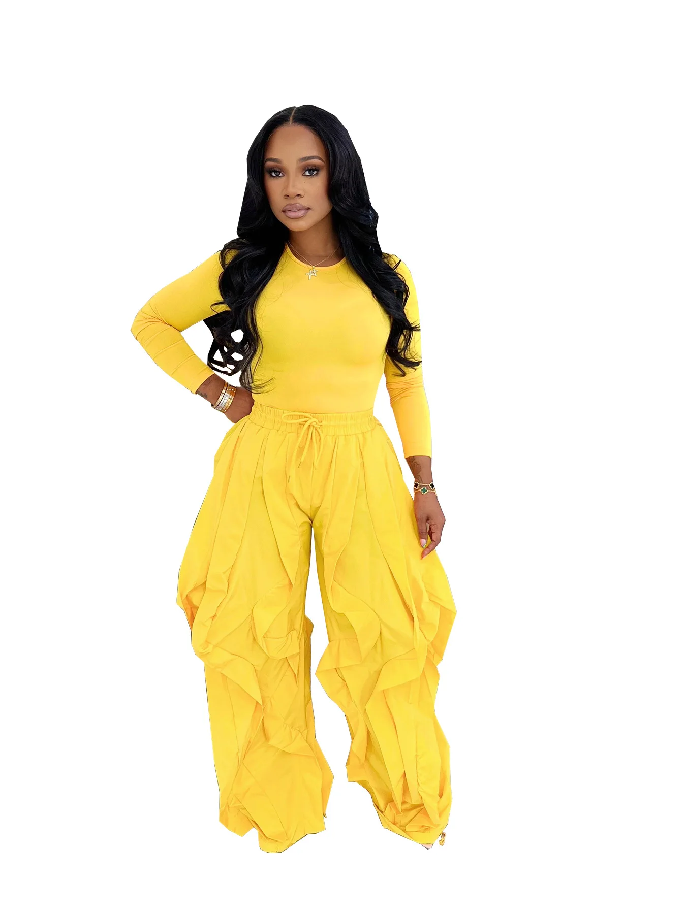 GLCMYAYA Women's Set Long Sleeve T-shirt + Wide Leg Ruffles Pant Suits 2026 Winter Active Tracksuit 2 Two Pieces Set Outfits