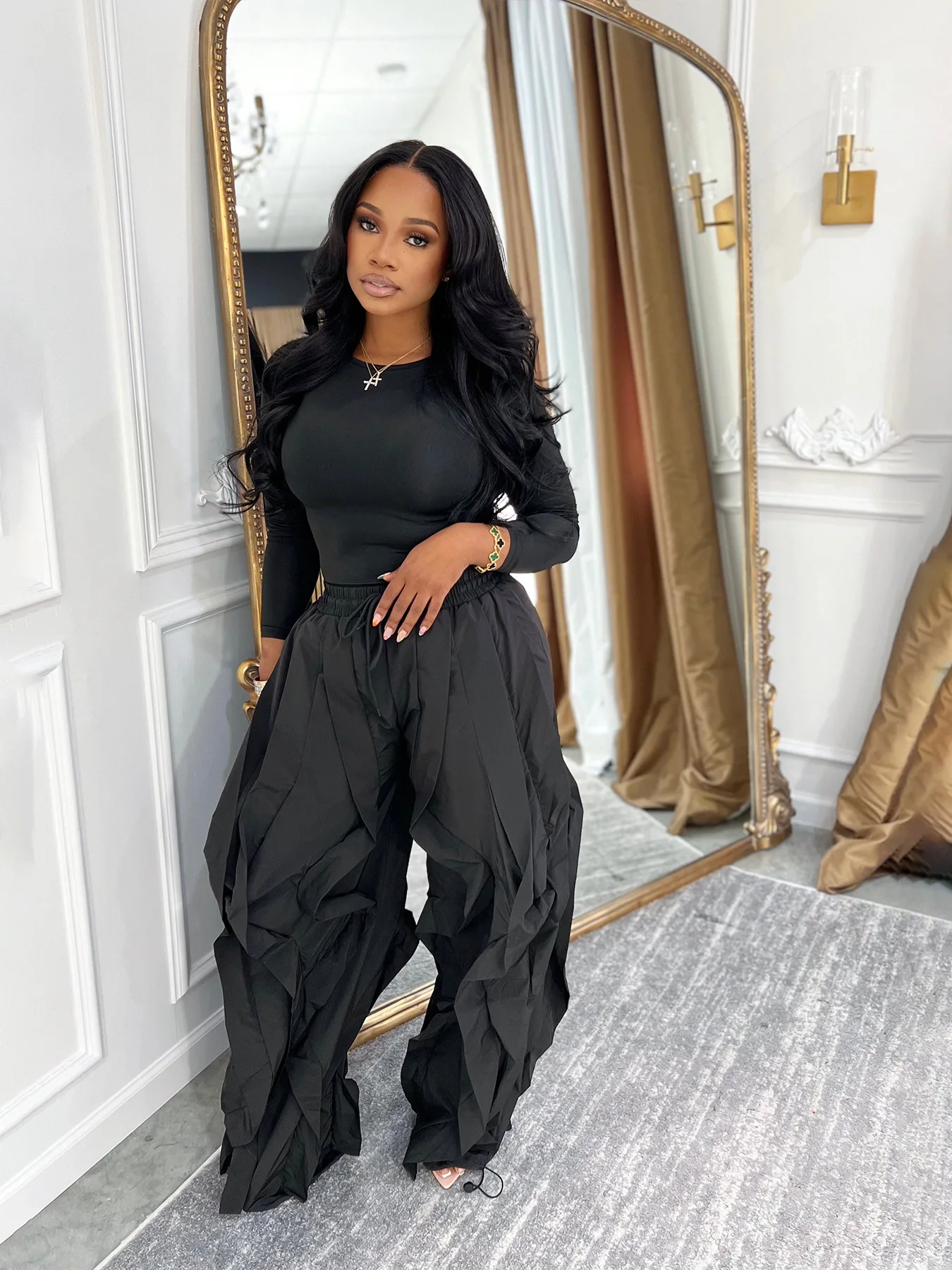 GLCMYAYA Women's Set Long Sleeve T-shirt + Wide Leg Ruffles Pant Suits 2026 Winter Active Tracksuit 2 Two Pieces Set Outfits