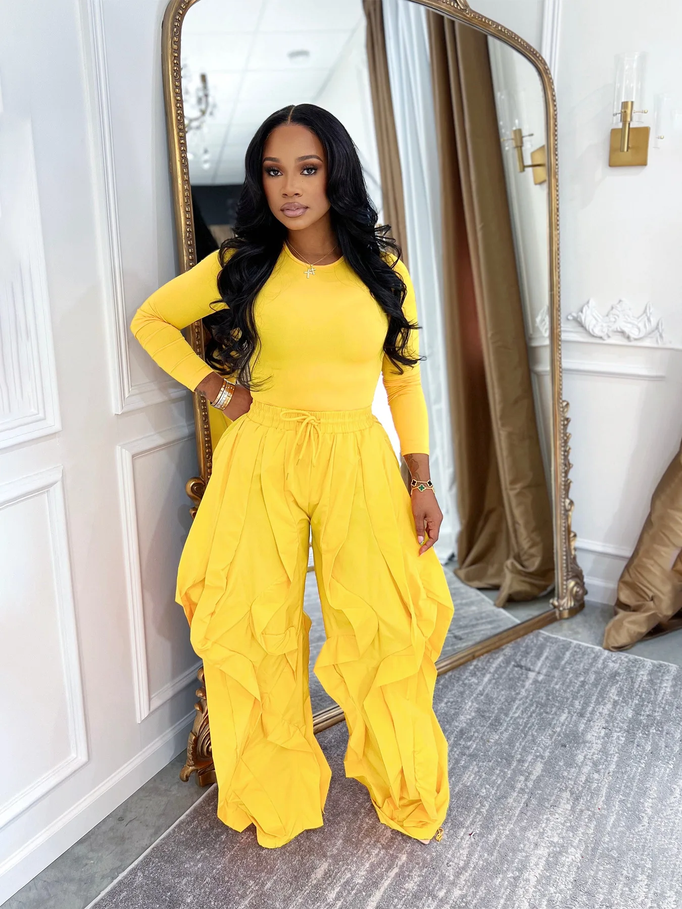 GLCMYAYA Women's Set Long Sleeve T-shirt + Wide Leg Ruffles Pant Suits 2026 Winter Active Tracksuit 2 Two Pieces Set Outfits