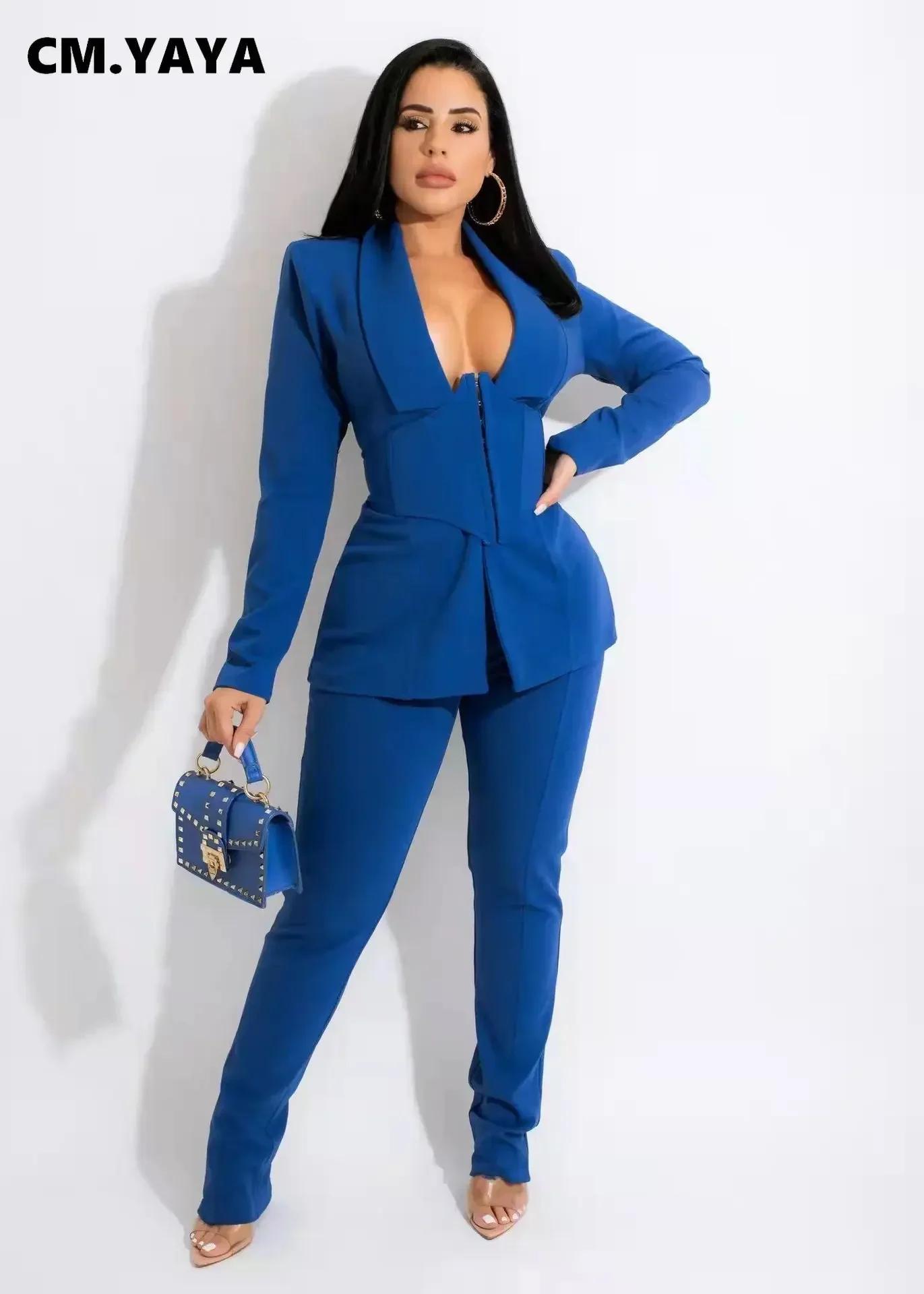 CM.YAYA Basic Women's Tracksuit Blazers with Girdle Corset and Pants Suit Office Lady Elegant Matching Two 2 Piece Set Outfits