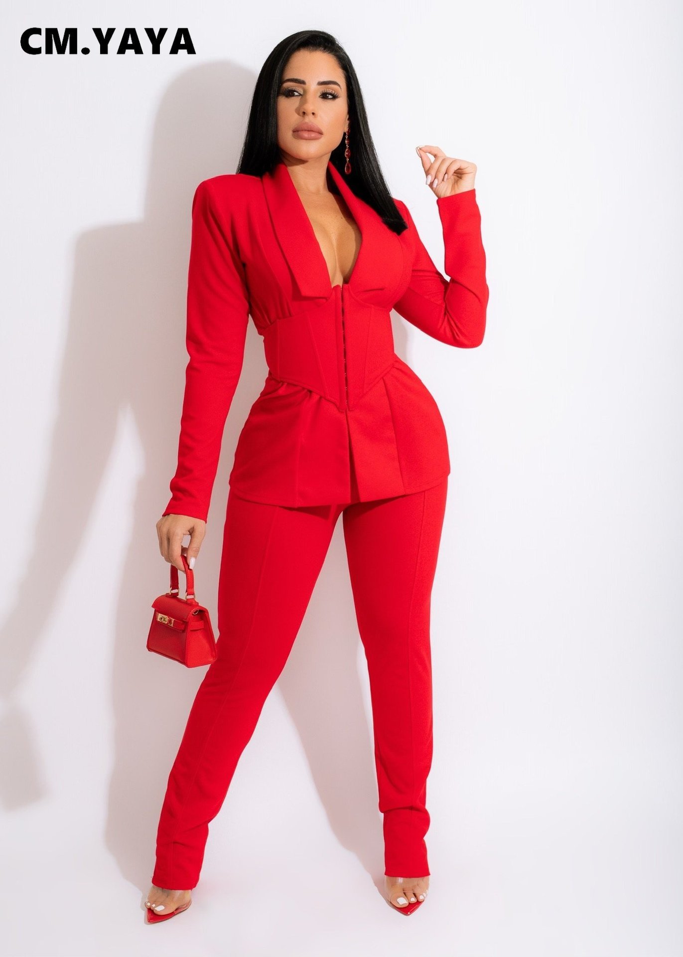 CM.YAYA Basic Women's Tracksuit Blazers with Girdle Corset and Pants Suit Office Lady Elegant Matching Two 2 Piece Set Outfits