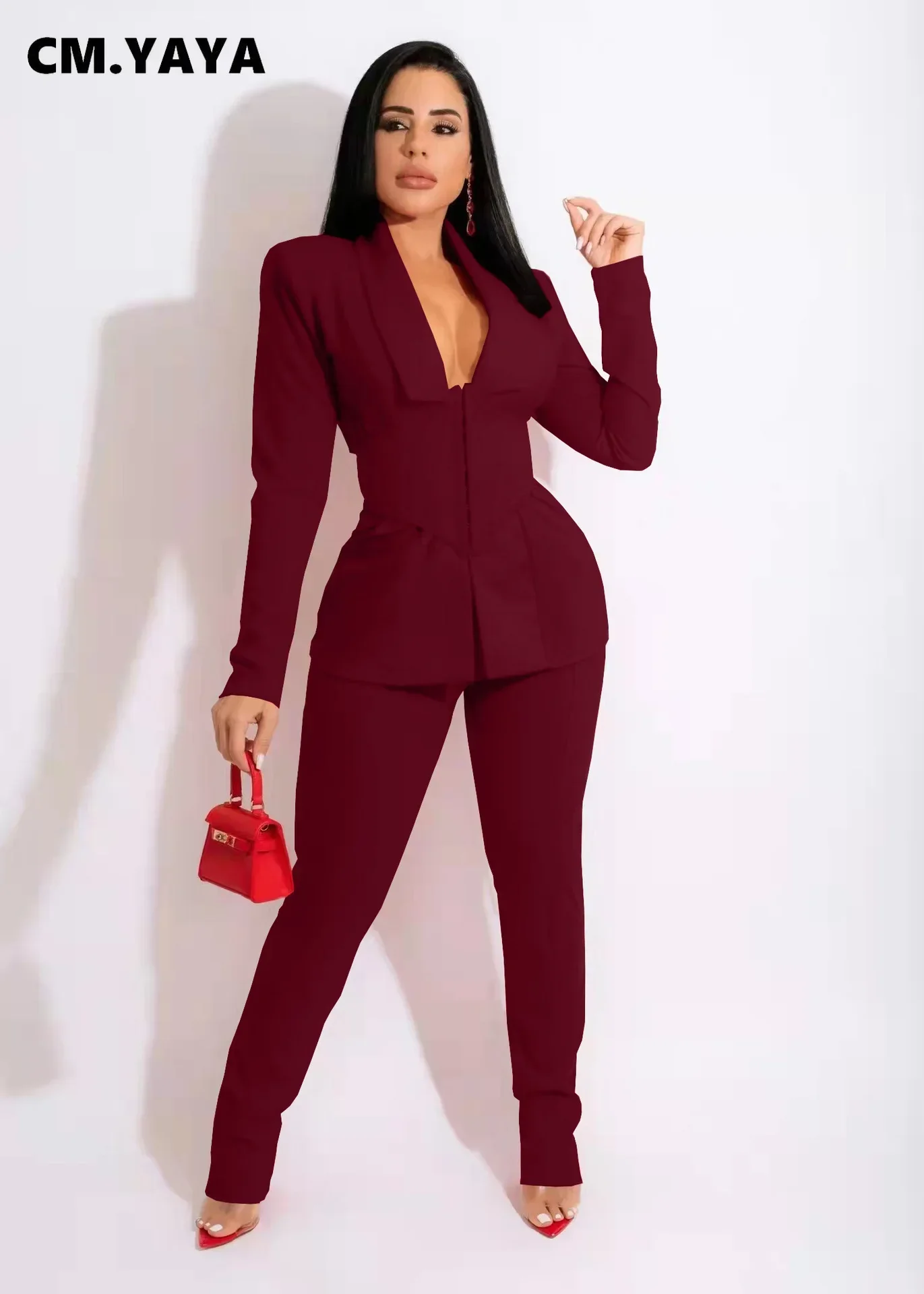 CM.YAYA Basic Women's Tracksuit Blazers with Girdle Corset and Pants Suit Office Lady Elegant Matching Two 2 Piece Set Outfits
