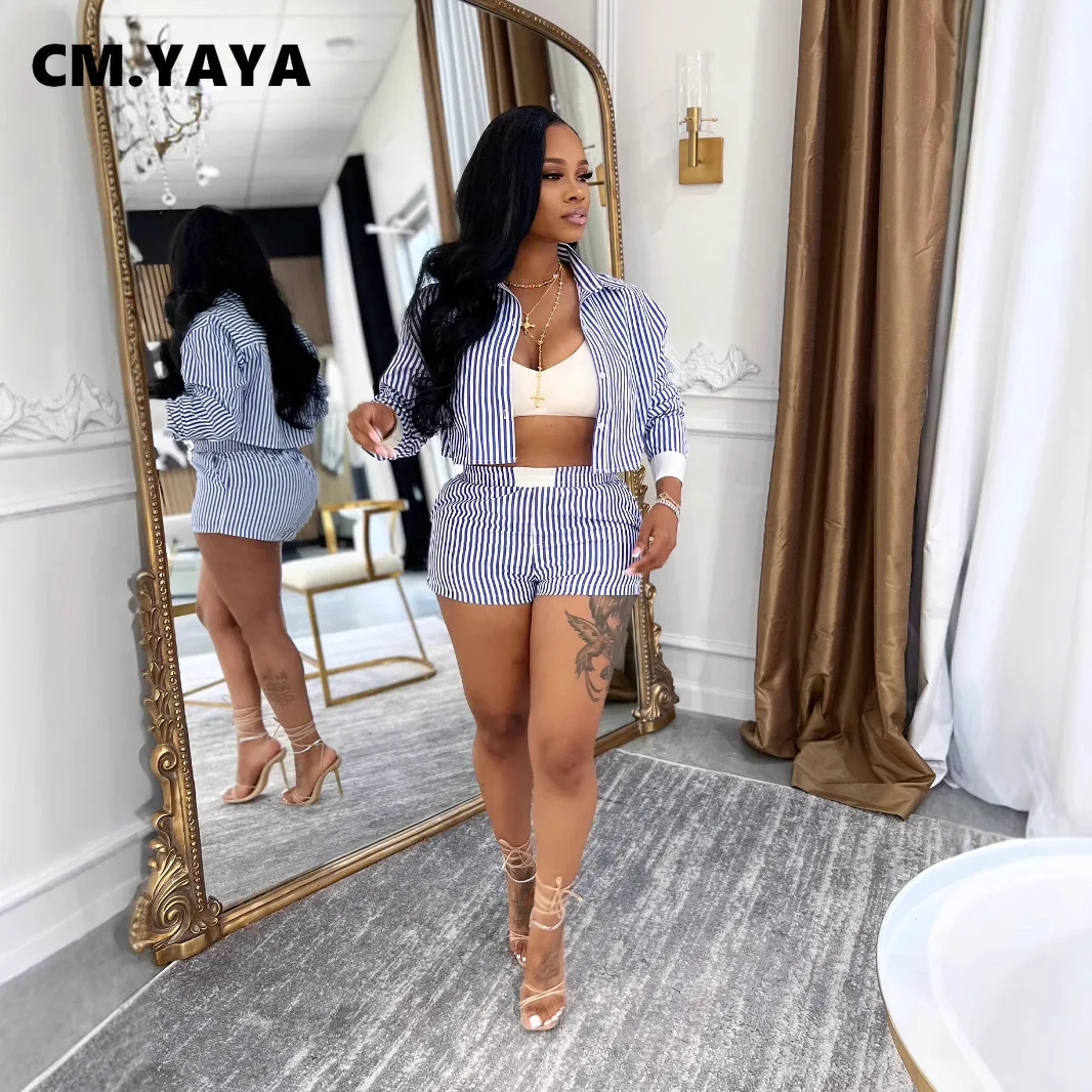 CM.YAYA Fashion Striped Women’s Set Long Sleeve Mini Shirt Tops and Shorts Sets 2025 Summer Two 2 Piece Sets Outfits Tracksuit CM.YAYA Fashion Striped Women's Set Long Sleeve Mini Shirt Tops and Shorts Sets 2025 Summer Two 2 Piece Sets Outfits Tracksuit
