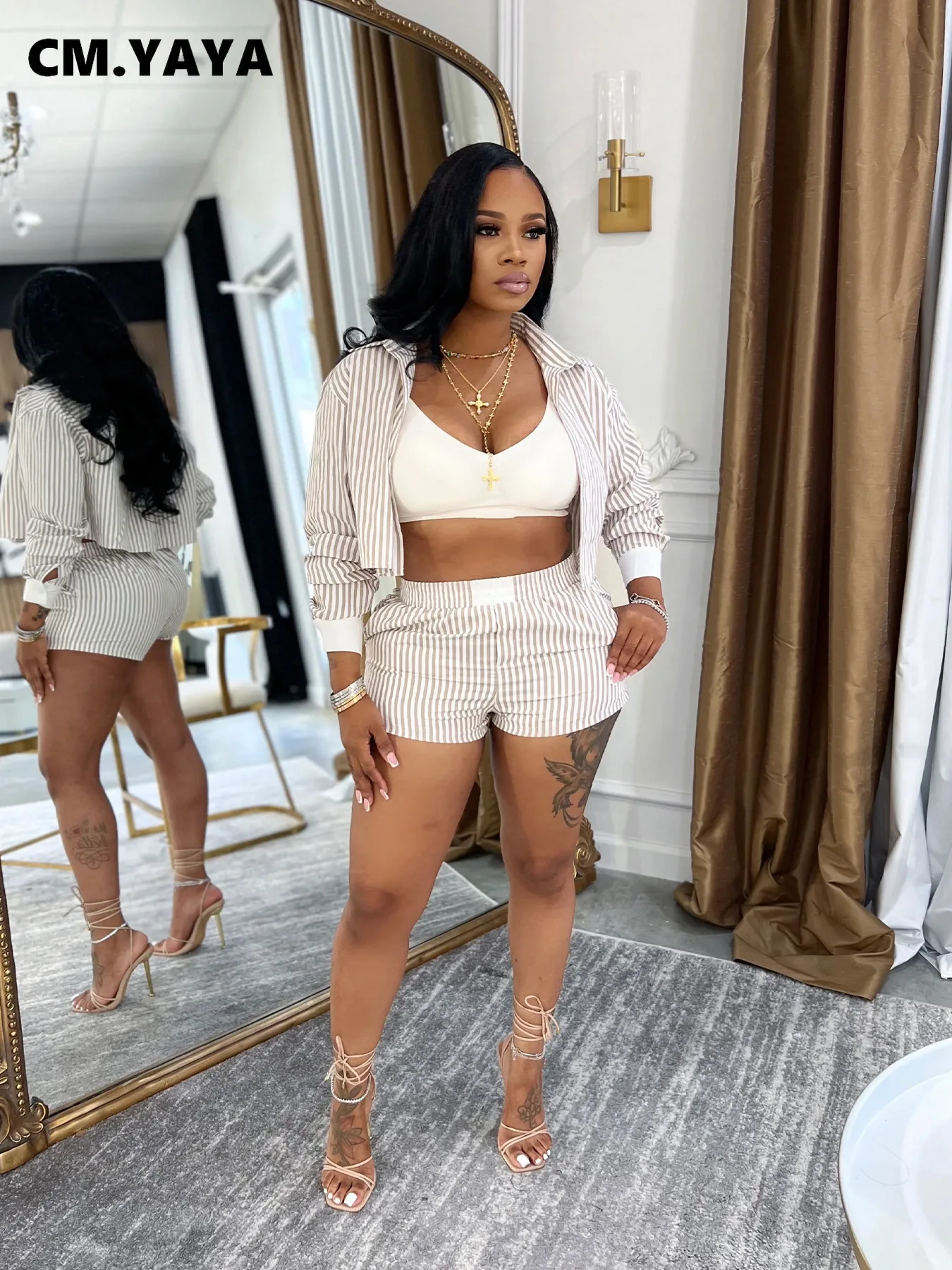 CM.YAYA Fashion Striped Women’s Set Long Sleeve Mini Shirt Tops and Shorts Sets 2025 Summer Two 2 Piece Sets Outfits Tracksuit CM.YAYA Fashion Striped Women's Set Long Sleeve Mini Shirt Tops and Shorts Sets 2025 Summer Two 2 Piece Sets Outfits Tracksuit