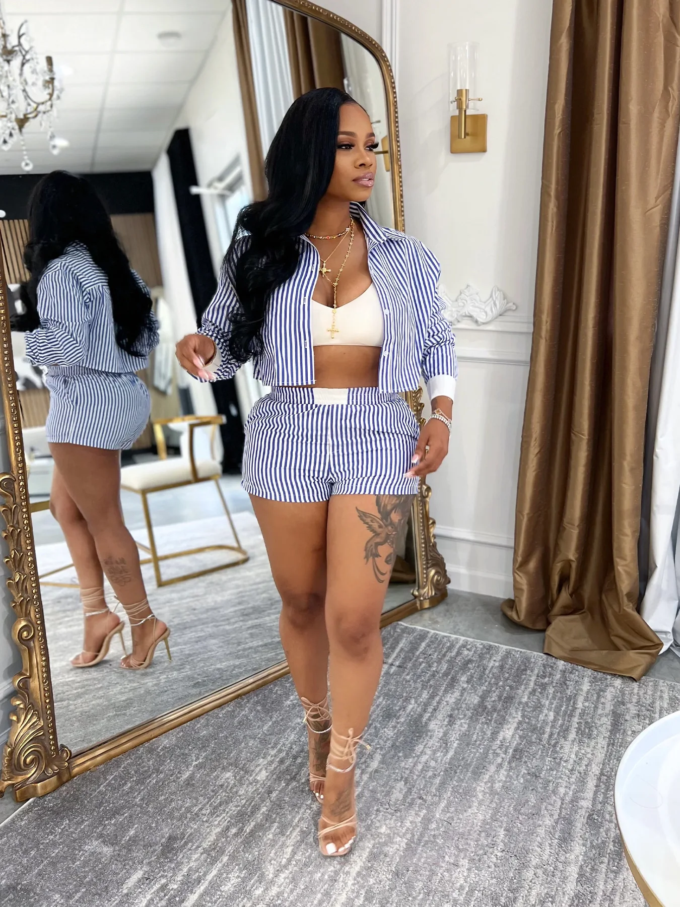 CM.YAYA Fashion Striped Women's Set Long Sleeve Mini Shirt Tops and Shorts Sets 2025 Summer Two 2 Piece Sets Outfits Tracksuit CM.YAYA Fashion Striped Women's Set Long Sleeve Mini Shirt Tops and Shorts Sets 2025 Summer Two 2 Piece Sets Outfits Tracksuit