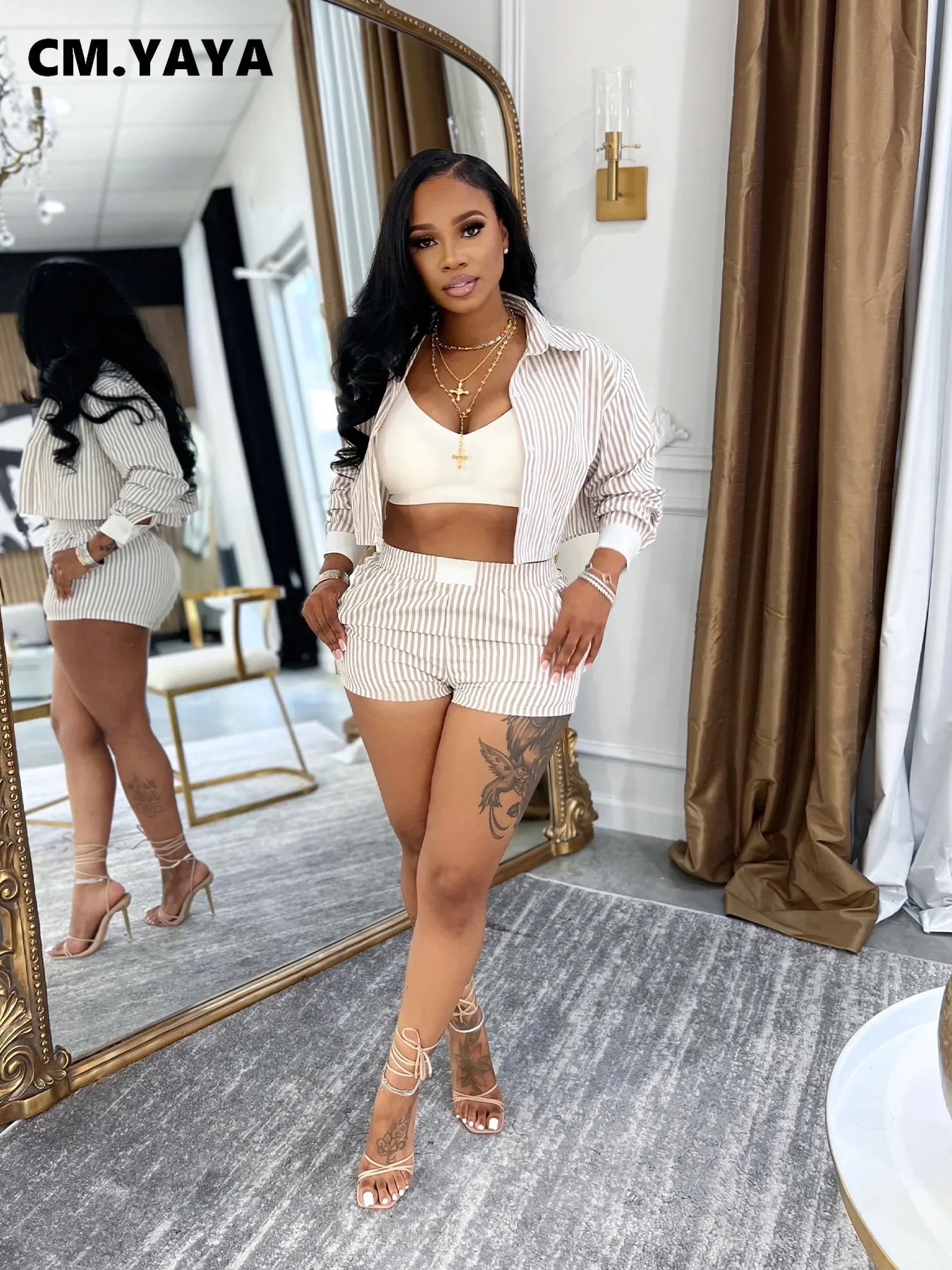 CM.YAYA Fashion Striped Women’s Set Long Sleeve Mini Shirt Tops and Shorts Sets 2025 Summer Two 2 Piece Sets Outfits Tracksuit CM.YAYA Fashion Striped Women's Set Long Sleeve Mini Shirt Tops and Shorts Sets 2025 Summer Two 2 Piece Sets Outfits Tracksuit