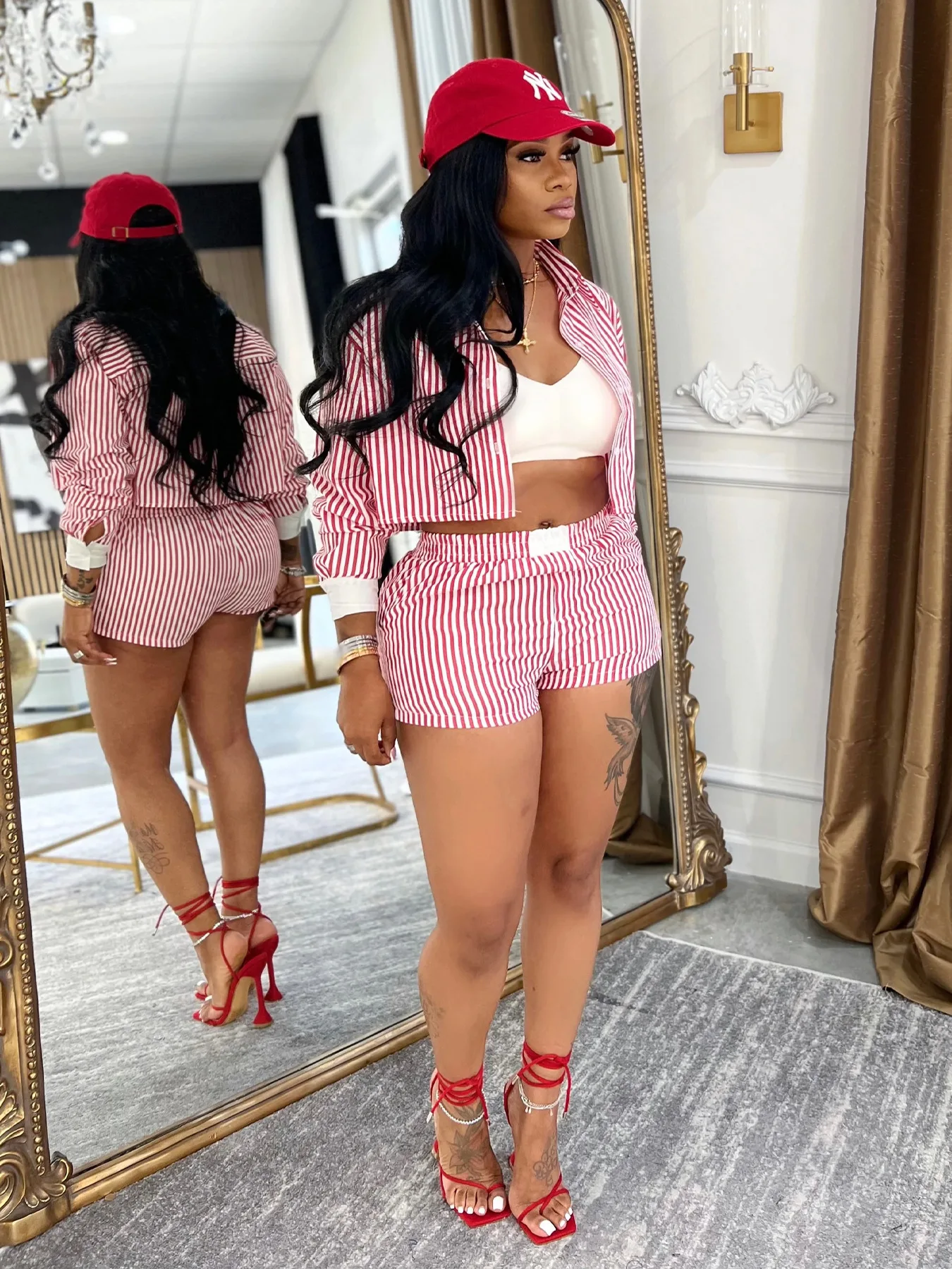 CM.YAYA Fashion Striped Women's Set Long Sleeve Mini Shirt Tops and Shorts Sets 2025 Summer Two 2 Piece Sets Outfits Tracksuit CM.YAYA Fashion Striped Women's Set Long Sleeve Mini Shirt Tops and Shorts Sets 2025 Summer Two 2 Piece Sets Outfits Tracksuit