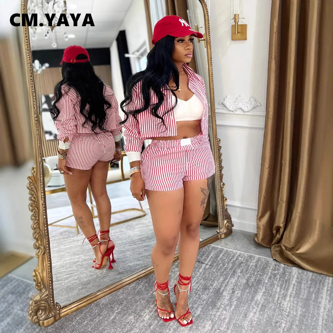 CM.YAYA Fashion Striped Women’s Set Long Sleeve Mini Shirt Tops and Shorts Sets 2025 Summer Two 2 Piece Sets Outfits Tracksuit CM.YAYA Fashion Striped Women's Set Long Sleeve Mini Shirt Tops and Shorts Sets 2025 Summer Two 2 Piece Sets Outfits Tracksuit