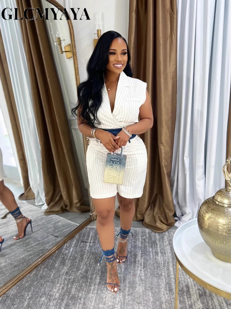 GLCMYAYA Women's Set Sleeveless V-neck Jacket Top and Shorts 2025 Autumn Winter Active OL Work Tracksuit Two 2 Piece Set Outfits