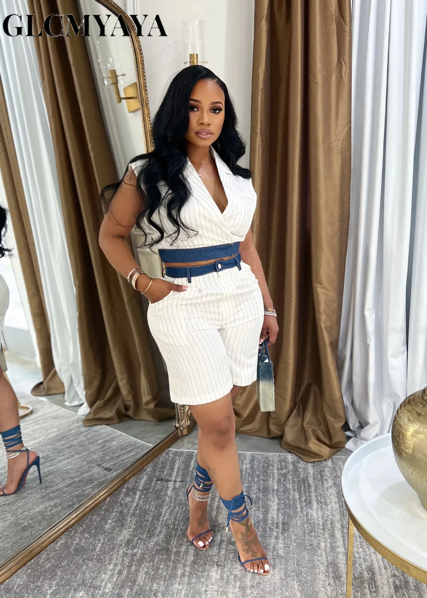 GLCMYAYA Women's Set Sleeveless V-neck Jacket Top and Shorts 2025 Autumn Winter Active OL Work Tracksuit Two 2 Piece Set Outfits