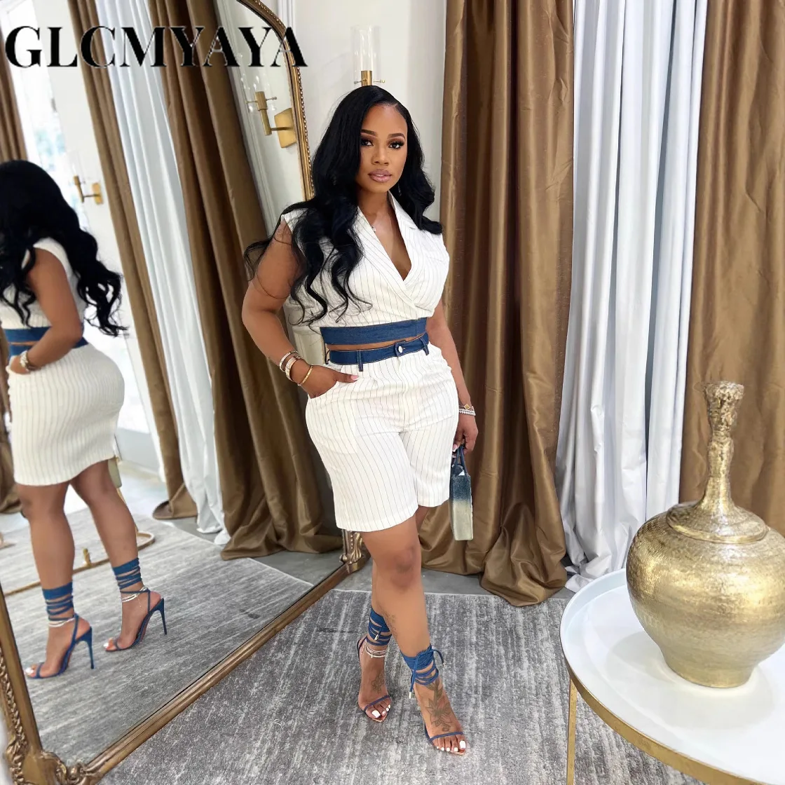 GLCMYAYA Women's Set Sleeveless V-neck Jacket Top and Shorts 2025 Autumn Winter Active OL Work Tracksuit Two 2 Piece Set Outfits