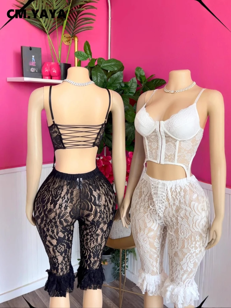 CM.YAYA Fashion Women's Set Lace See Through Sleeveless Strap Top and Half Pants 2025 Summer Two 2 Piece Set Outfit Tracksuit