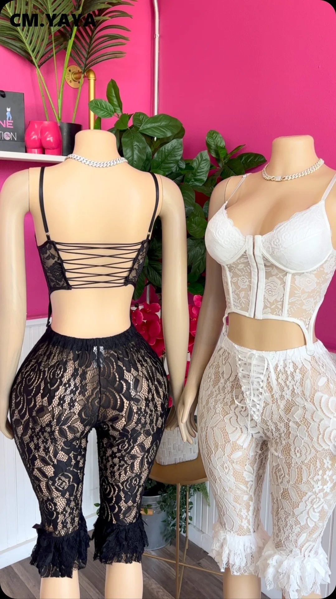 CM.YAYA Fashion Women's Set Lace See Through Sleeveless Strap Top and Half Pants 2025 Summer Two 2 Piece Set Outfit Tracksuit