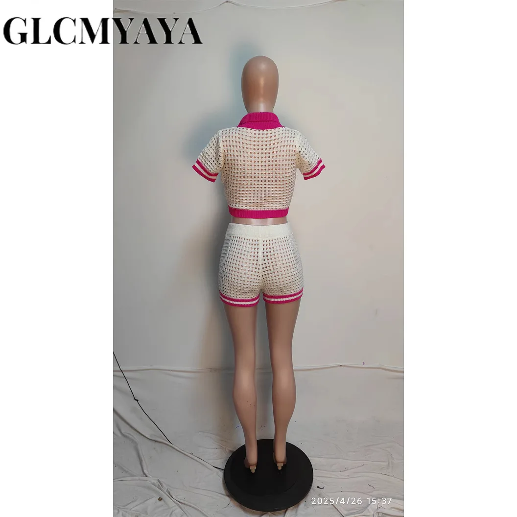 GLCMYAYA Fashion Knit Ribbed Hollow Out Women's Set Short Sleeve Sweater and Shorts 2025 Holiday Street Two 2 Piece Set Outfits