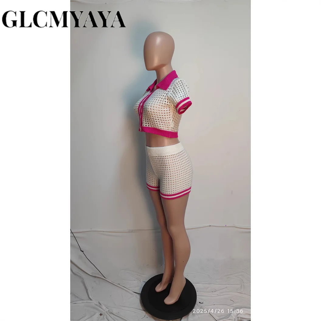 GLCMYAYA Fashion Knit Ribbed Hollow Out Women's Set Short Sleeve Sweater and Shorts 2025 Holiday Street Two 2 Piece Set Outfits