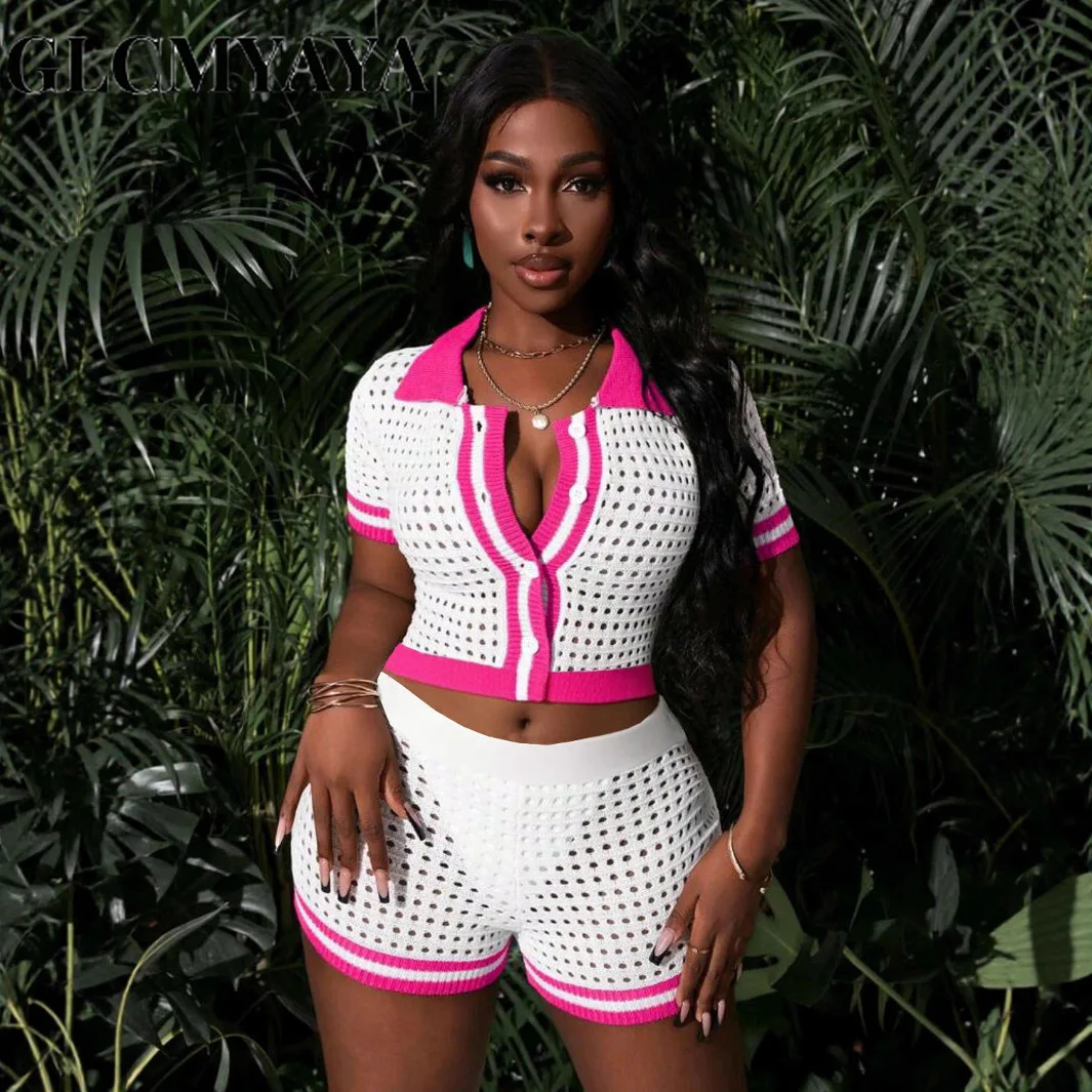 GLCMYAYA Fashion Knit Ribbed Hollow Out Women's Set Short Sleeve Sweater and Shorts 2025 Holiday Street Two 2 Piece Set Outfits
