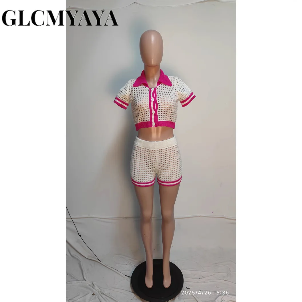 GLCMYAYA Fashion Knit Ribbed Hollow Out Women's Set Short Sleeve Sweater and Shorts 2025 Holiday Street Two 2 Piece Set Outfits