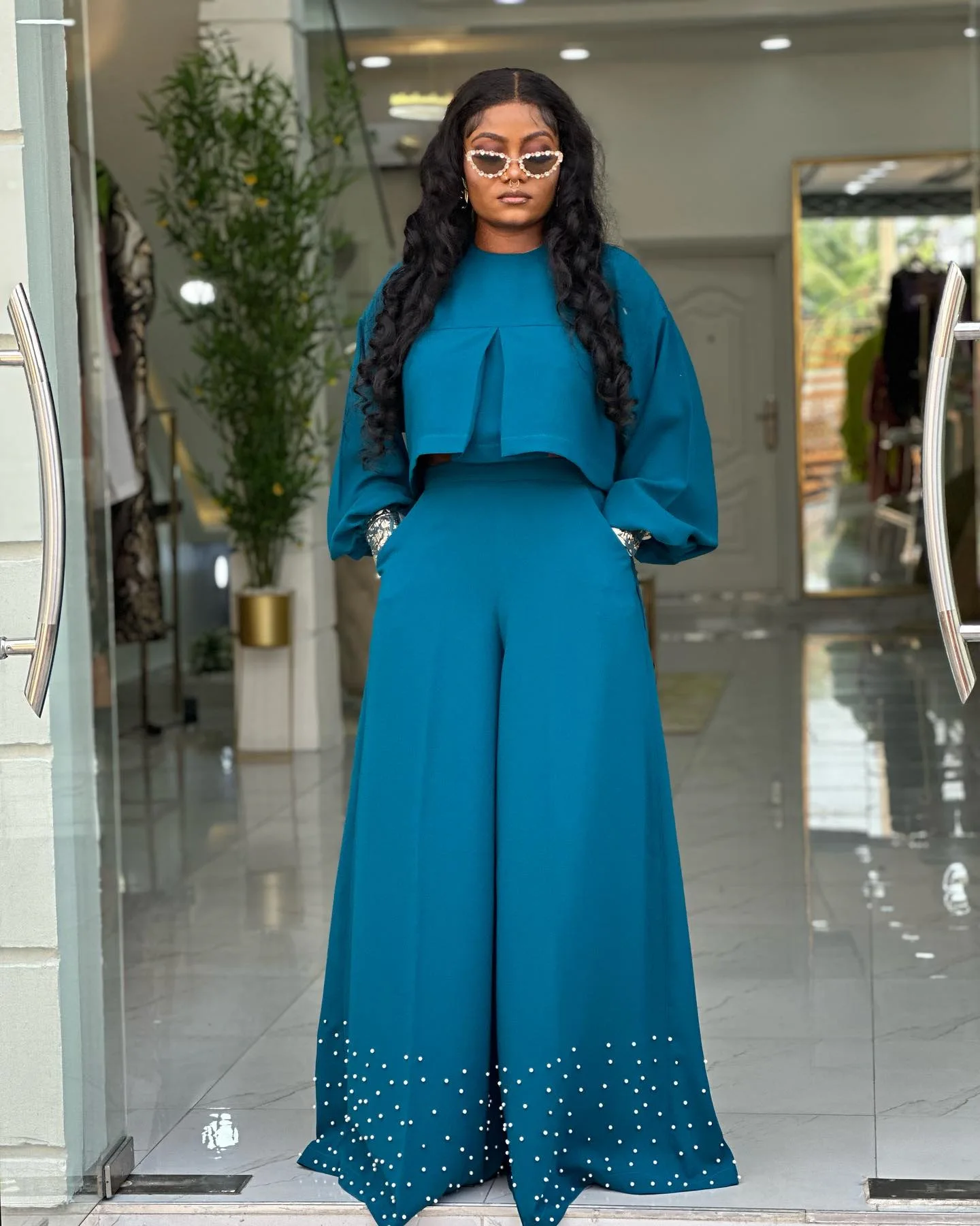 CM.YAYA Women's Set Long Sleeve High Low Maxi Blouse and Pearl Beading Wide Leg Pants 2025 Two 2 Piece Sets Outfits Tracksuit