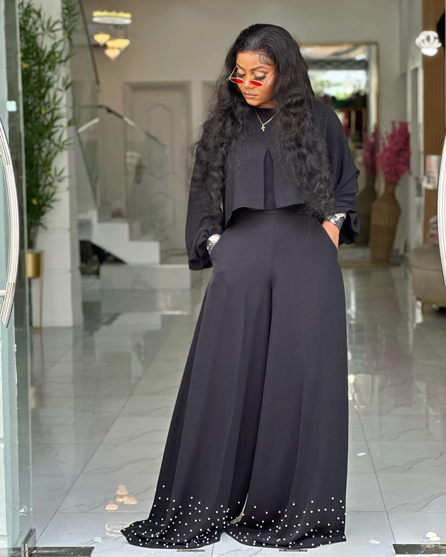 CM.YAYA Women's Set Long Sleeve High Low Maxi Blouse and Pearl Beading Wide Leg Pants 2025 Two 2 Piece Sets Outfits Tracksuit