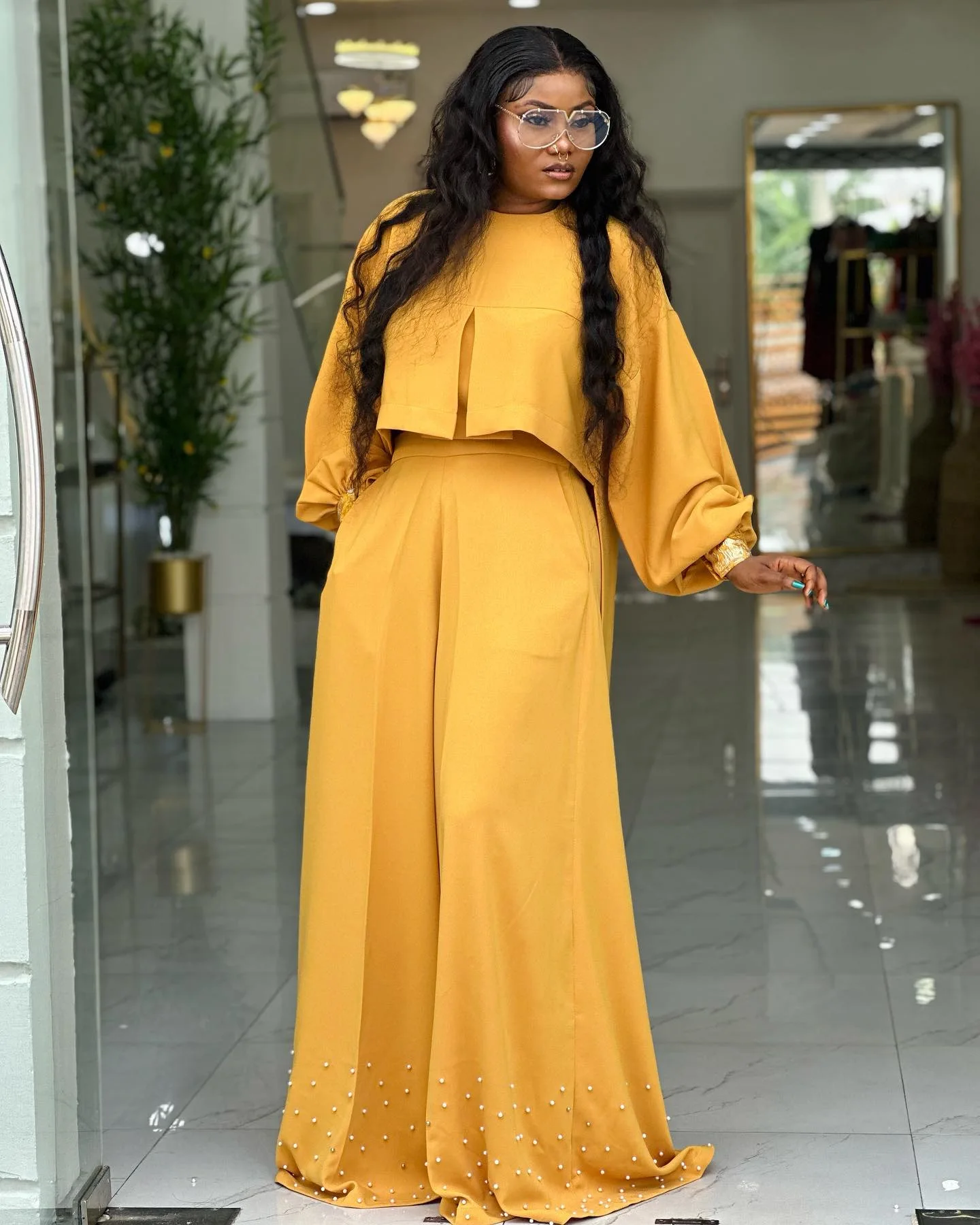 CM.YAYA Women's Set Long Sleeve High Low Maxi Blouse and Pearl Beading Wide Leg Pants 2025 Two 2 Piece Sets Outfits Tracksuit