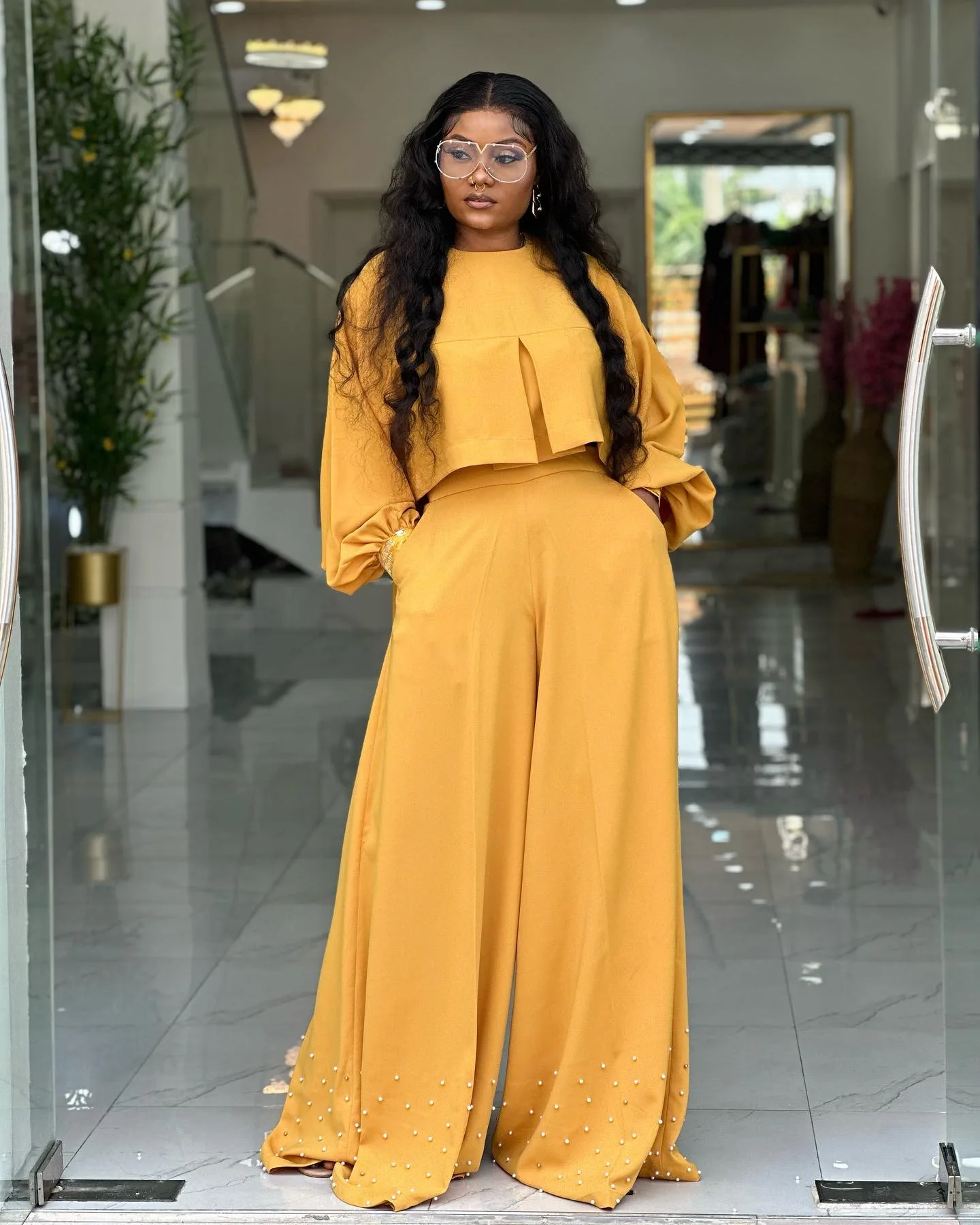 CM.YAYA Women's Set Long Sleeve High Low Maxi Blouse and Pearl Beading Wide Leg Pants 2025 Two 2 Piece Sets Outfits Tracksuit