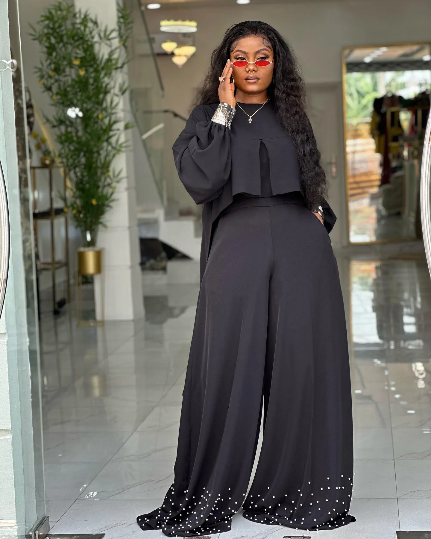 CM.YAYA Women's Set Long Sleeve High Low Maxi Blouse and Pearl Beading Wide Leg Pants 2025 Two 2 Piece Sets Outfits Tracksuit