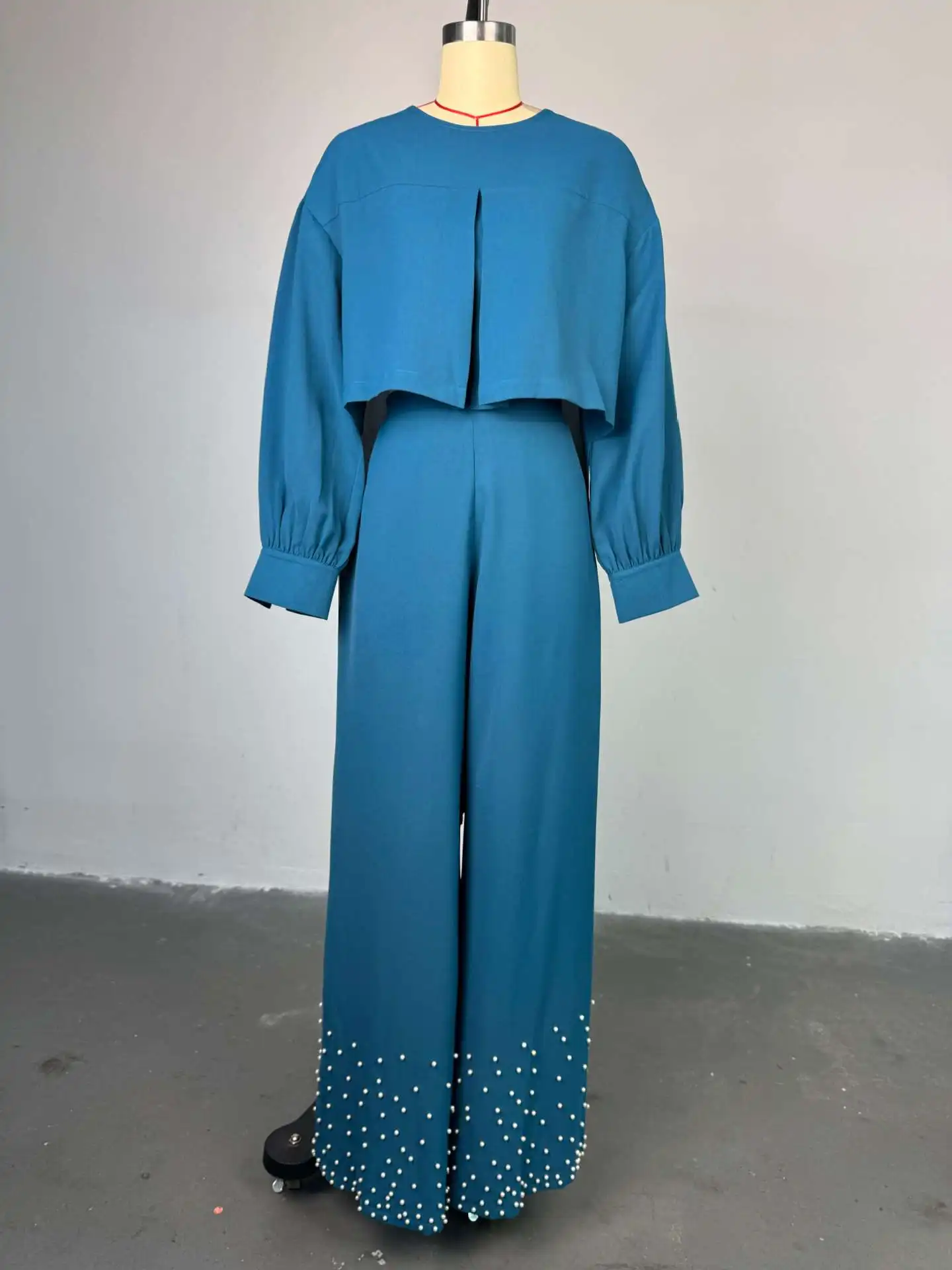 CM.YAYA Women's Set Long Sleeve High Low Maxi Blouse and Pearl Beading Wide Leg Pants 2025 Two 2 Piece Sets Outfits Tracksuit