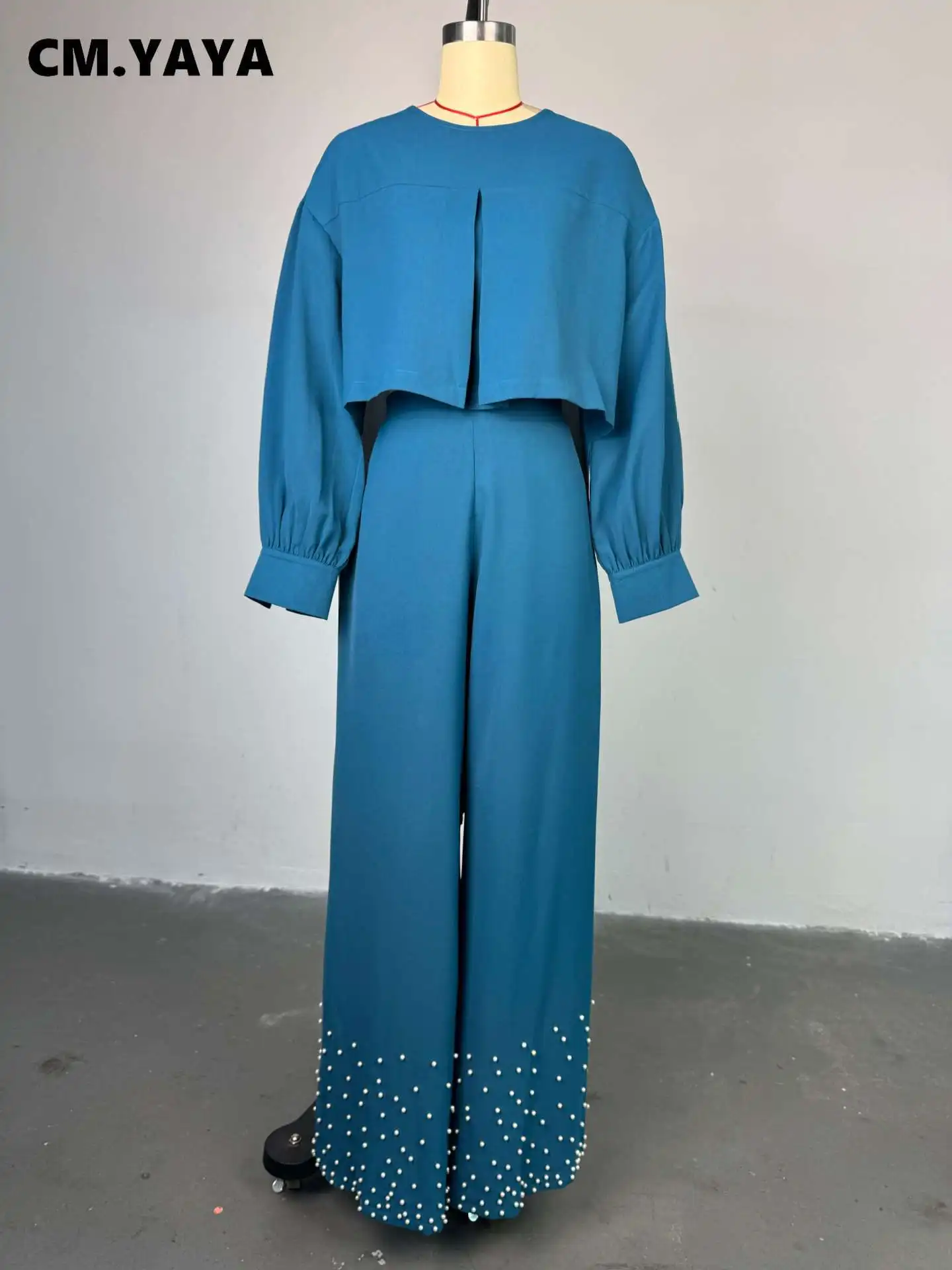 CM.YAYA Women's Set Long Sleeve High Low Maxi Blouse and Pearl Beading Wide Leg Pants 2025 Two 2 Piece Sets Outfits Tracksuit