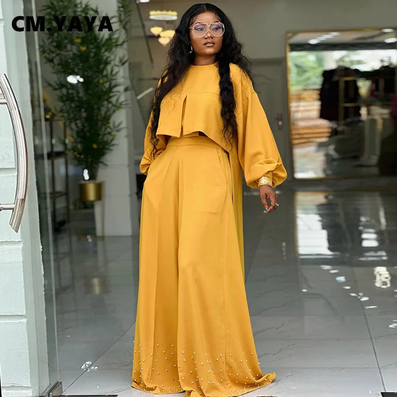 CM.YAYA Women's Set Long Sleeve High Low Maxi Blouse and Pearl Beading Wide Leg Pants 2025 Two 2 Piece Sets Outfits Tracksuit