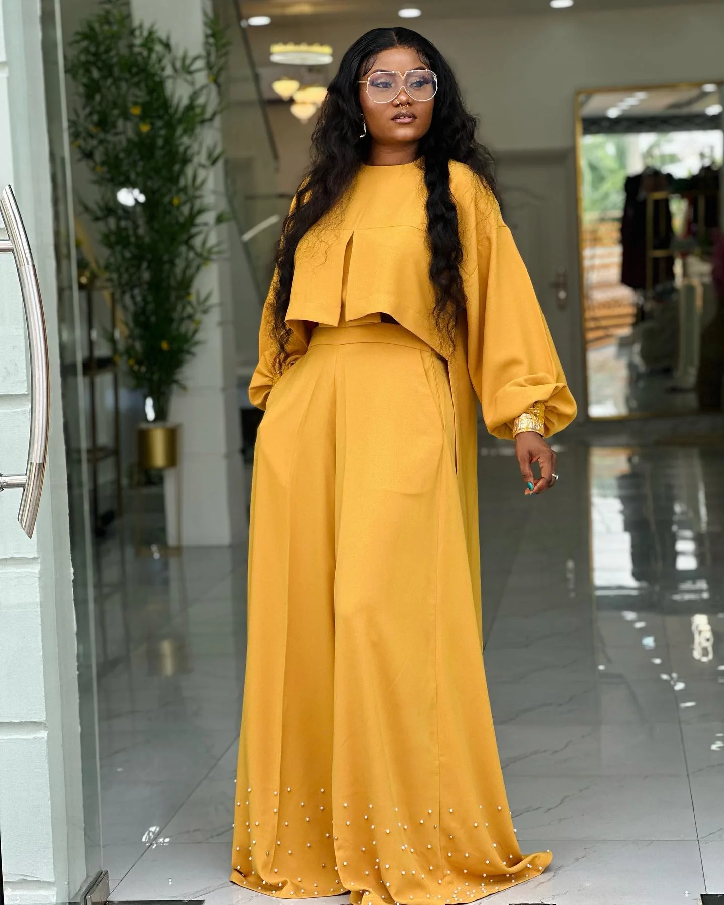 CM.YAYA Women's Set Long Sleeve High Low Maxi Blouse and Pearl Beading Wide Leg Pants 2025 Two 2 Piece Sets Outfits Tracksuit