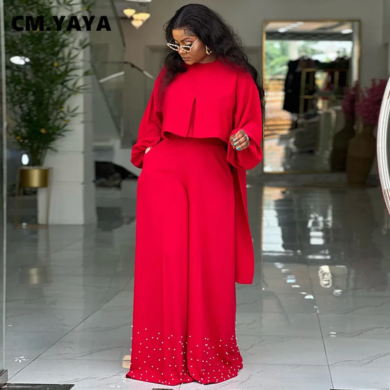 CM.YAYA Women's Set Long Sleeve High Low Maxi Blouse and Pearl Beading Wide Leg Pants 2025 Two 2 Piece Sets Outfits Tracksuit