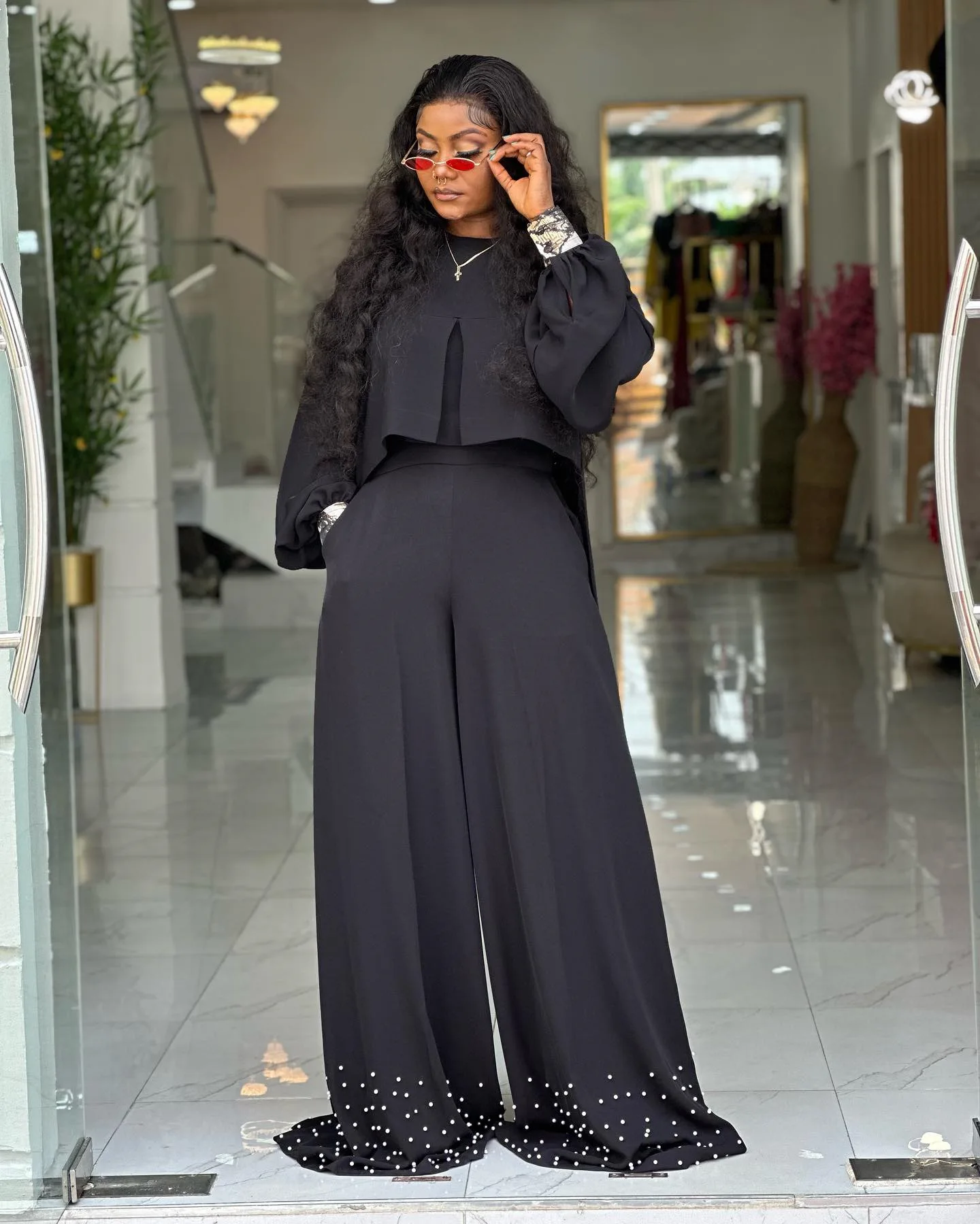 CM.YAYA Women's Set Long Sleeve High Low Maxi Blouse and Pearl Beading Wide Leg Pants 2025 Two 2 Piece Sets Outfits Tracksuit