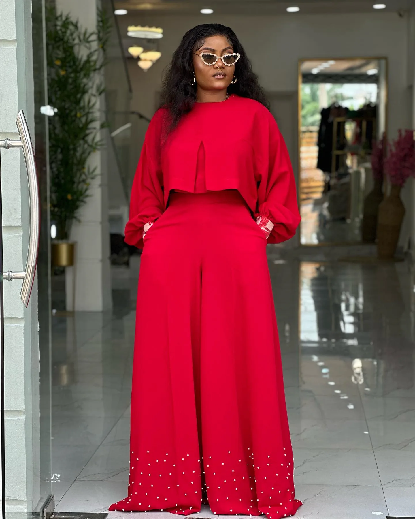 CM.YAYA Women's Set Long Sleeve High Low Maxi Blouse and Pearl Beading Wide Leg Pants 2025 Two 2 Piece Sets Outfits Tracksuit