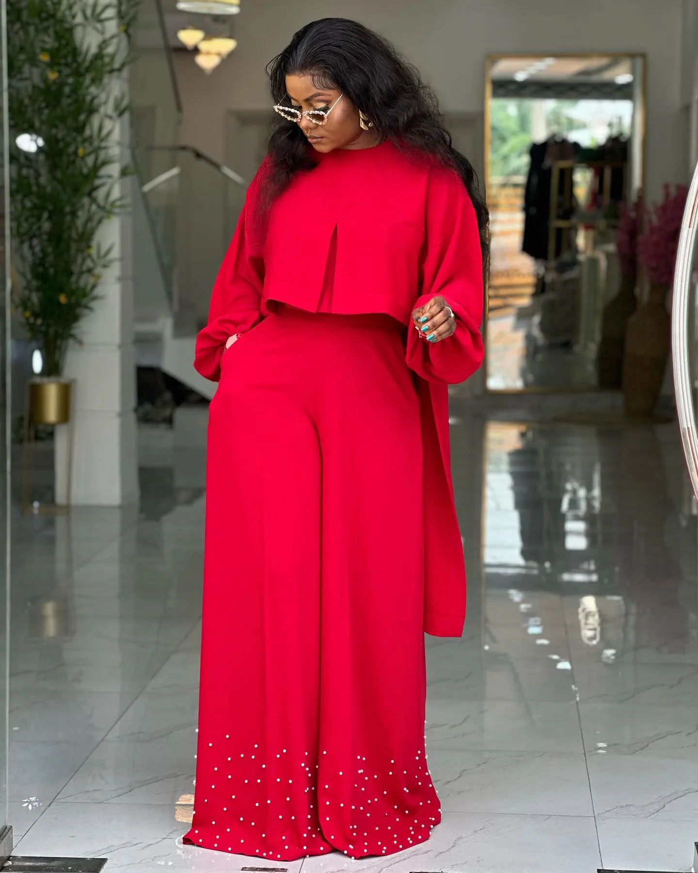 CM.YAYA Women's Set Long Sleeve High Low Maxi Blouse and Pearl Beading Wide Leg Pants 2025 Two 2 Piece Sets Outfits Tracksuit