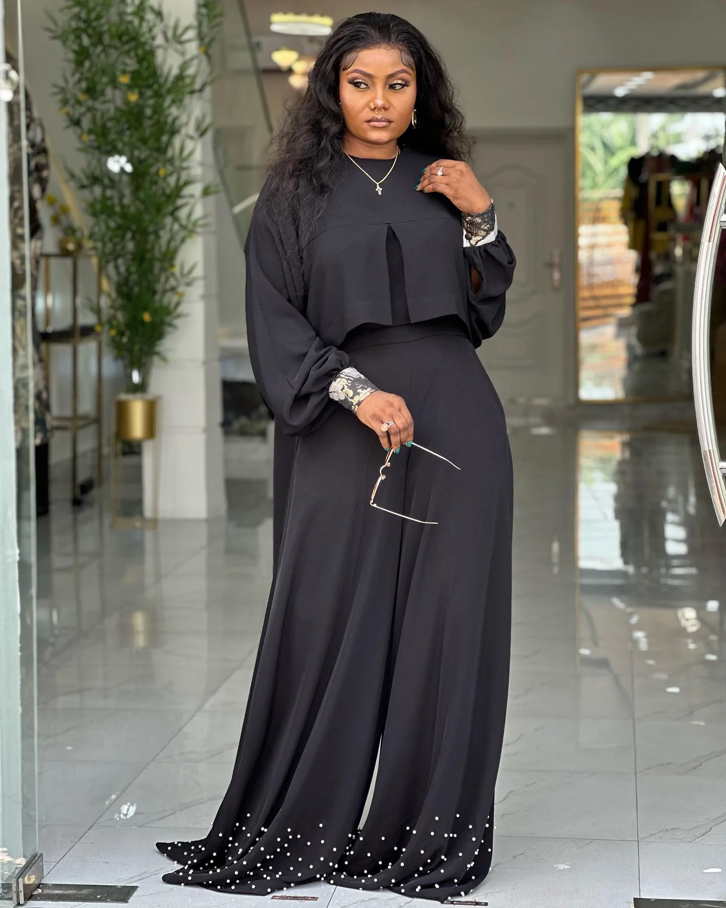 CM.YAYA Women's Set Long Sleeve High Low Maxi Blouse and Pearl Beading Wide Leg Pants 2025 Two 2 Piece Sets Outfits Tracksuit