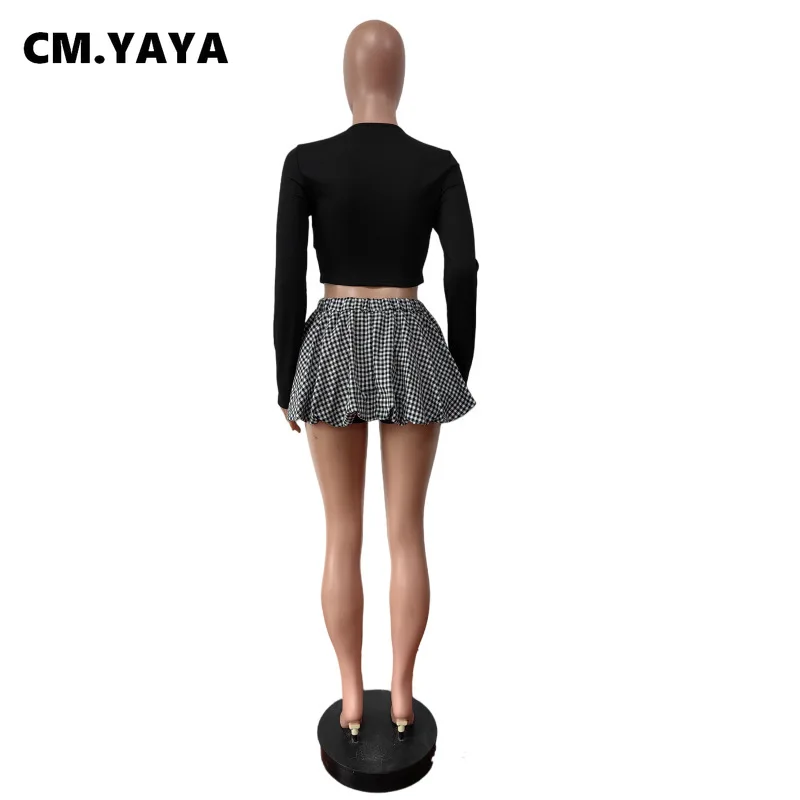 CM.YAYA Women Mini Plaid Skirts Set +Full Sleeve Bow T-shirts Two 2 Piece Set Outfits Fall Casual Street Night Club Cute Outfits