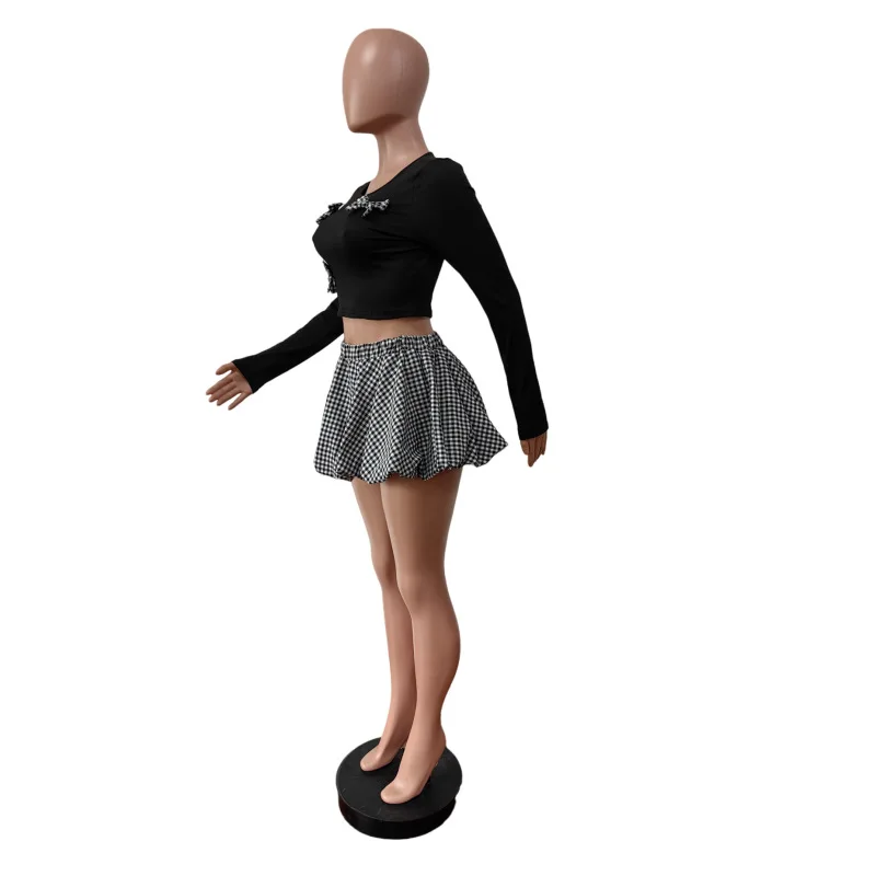 CM.YAYA Women Mini Plaid Skirts Set +Full Sleeve Bow T-shirts Two 2 Piece Set Outfits Fall Casual Street Night Club Cute Outfits CM.YAYA Women Mini Plaid Skirts Set +Full Sleeve Bow T-shirts Two 2 Piece Set Outfits Fall Casual Street Night Club Cute Outfits