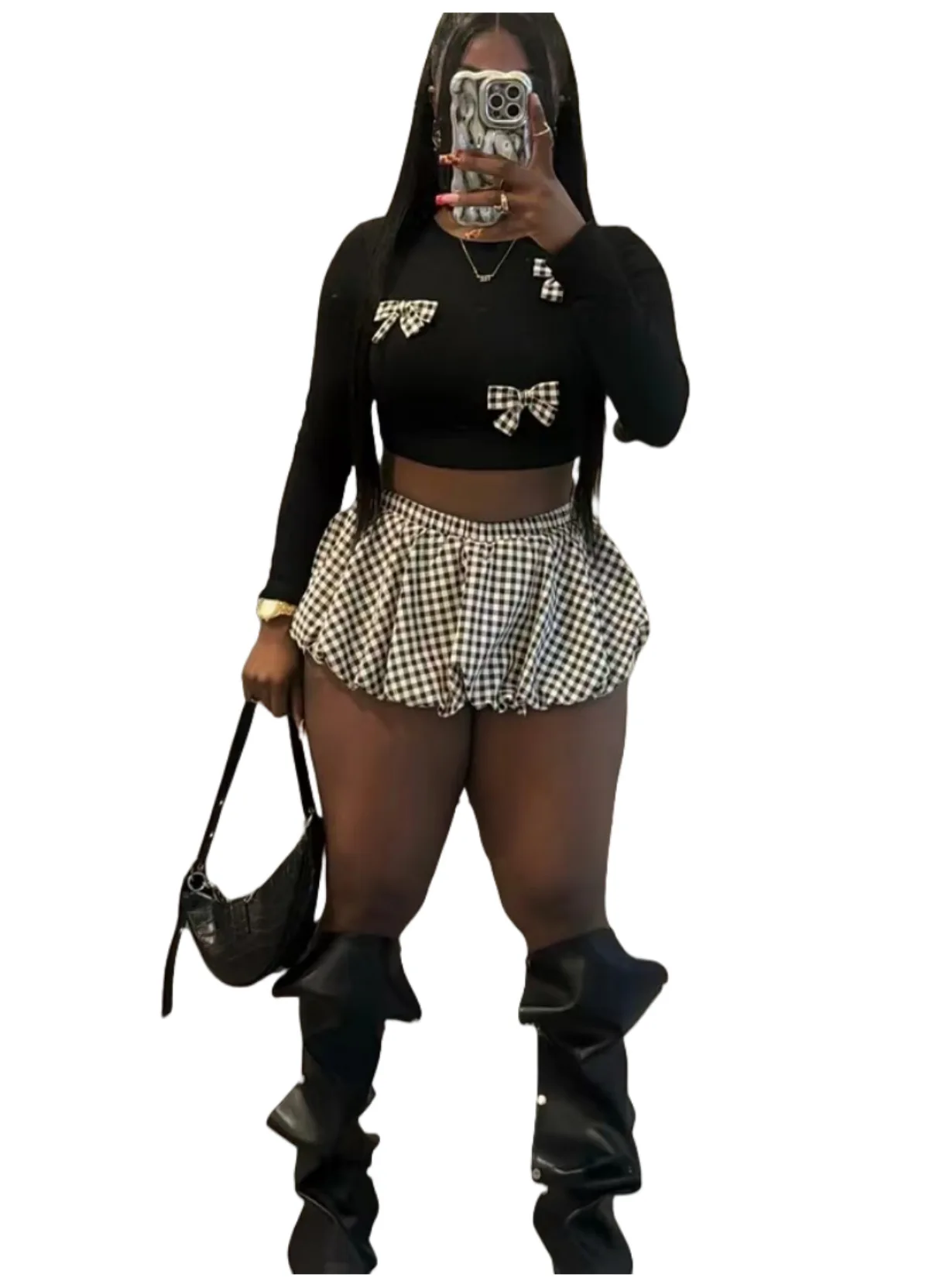 CM.YAYA Women Mini Plaid Skirts Set +Full Sleeve Bow T-shirts Two 2 Piece Set Outfits Fall Casual Street Night Club Cute Outfits