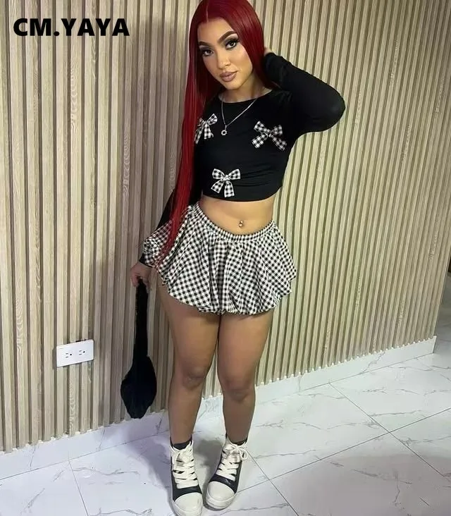 CM.YAYA Women Mini Plaid Skirts Set +Full Sleeve Bow T-shirts Two 2 Piece Set Outfits Fall Casual Street Night Club Cute Outfits