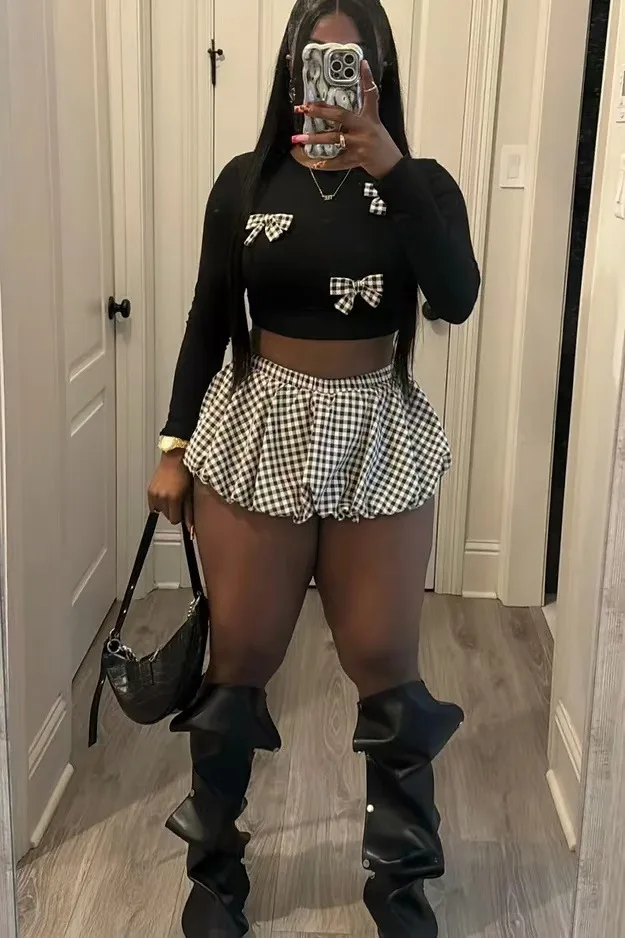 CM.YAYA Women Mini Plaid Skirts Set +Full Sleeve Bow T-shirts Two 2 Piece Set Outfits Fall Casual Street Night Club Cute Outfits