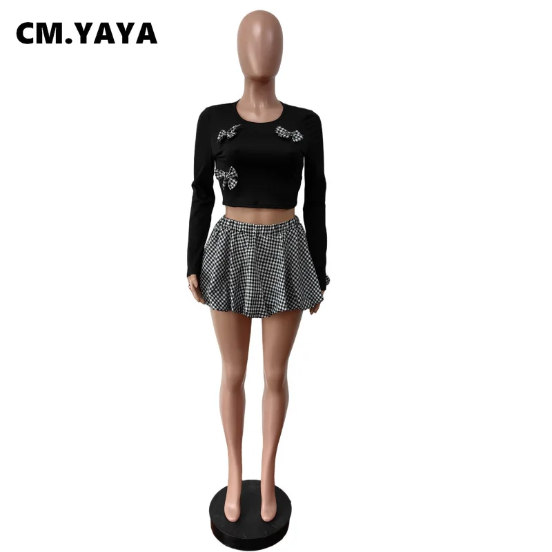 CM.YAYA Women Mini Plaid Skirts Set +Full Sleeve Bow T-shirts Two 2 Piece Set Outfits Fall Casual Street Night Club Cute Outfits