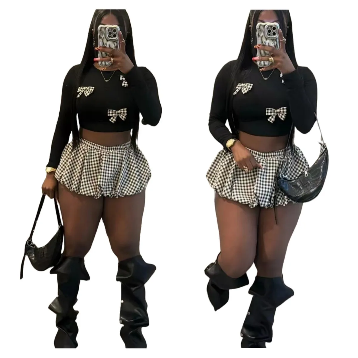 CM.YAYA Women Mini Plaid Skirts Set +Full Sleeve Bow T-shirts Two 2 Piece Set Outfits Fall Casual Street Night Club Cute Outfits CM.YAYA Women Mini Plaid Skirts Set +Full Sleeve Bow T-shirts Two 2 Piece Set Outfits Fall Casual Street Night Club Cute Outfits
