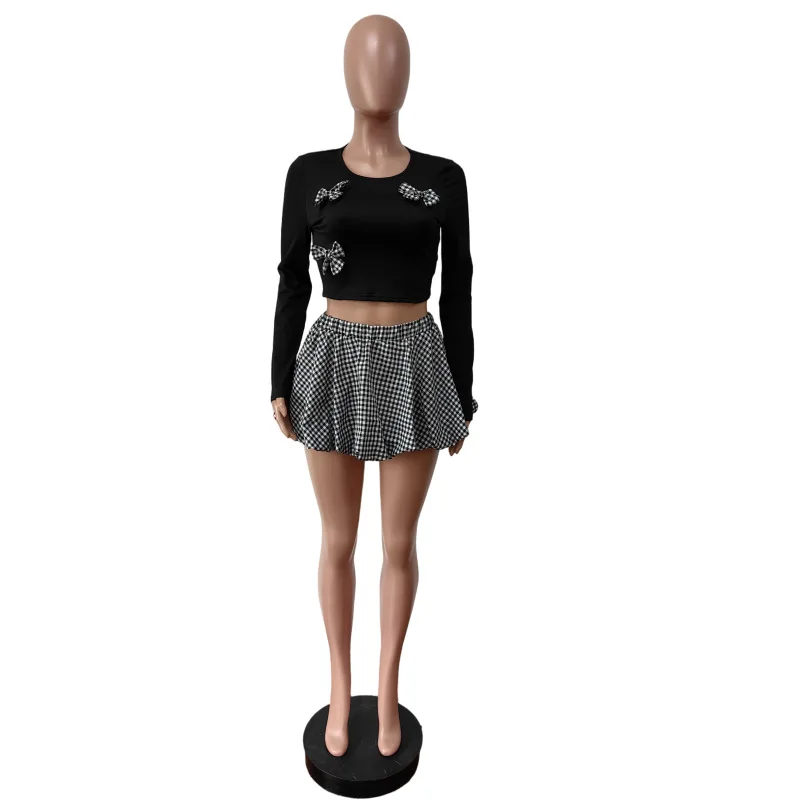 CM.YAYA Women Mini Plaid Skirts Set +Full Sleeve Bow T-shirts Two 2 Piece Set Outfits Fall Casual Street Night Club Cute Outfits CM.YAYA Women Mini Plaid Skirts Set +Full Sleeve Bow T-shirts Two 2 Piece Set Outfits Fall Casual Street Night Club Cute Outfits