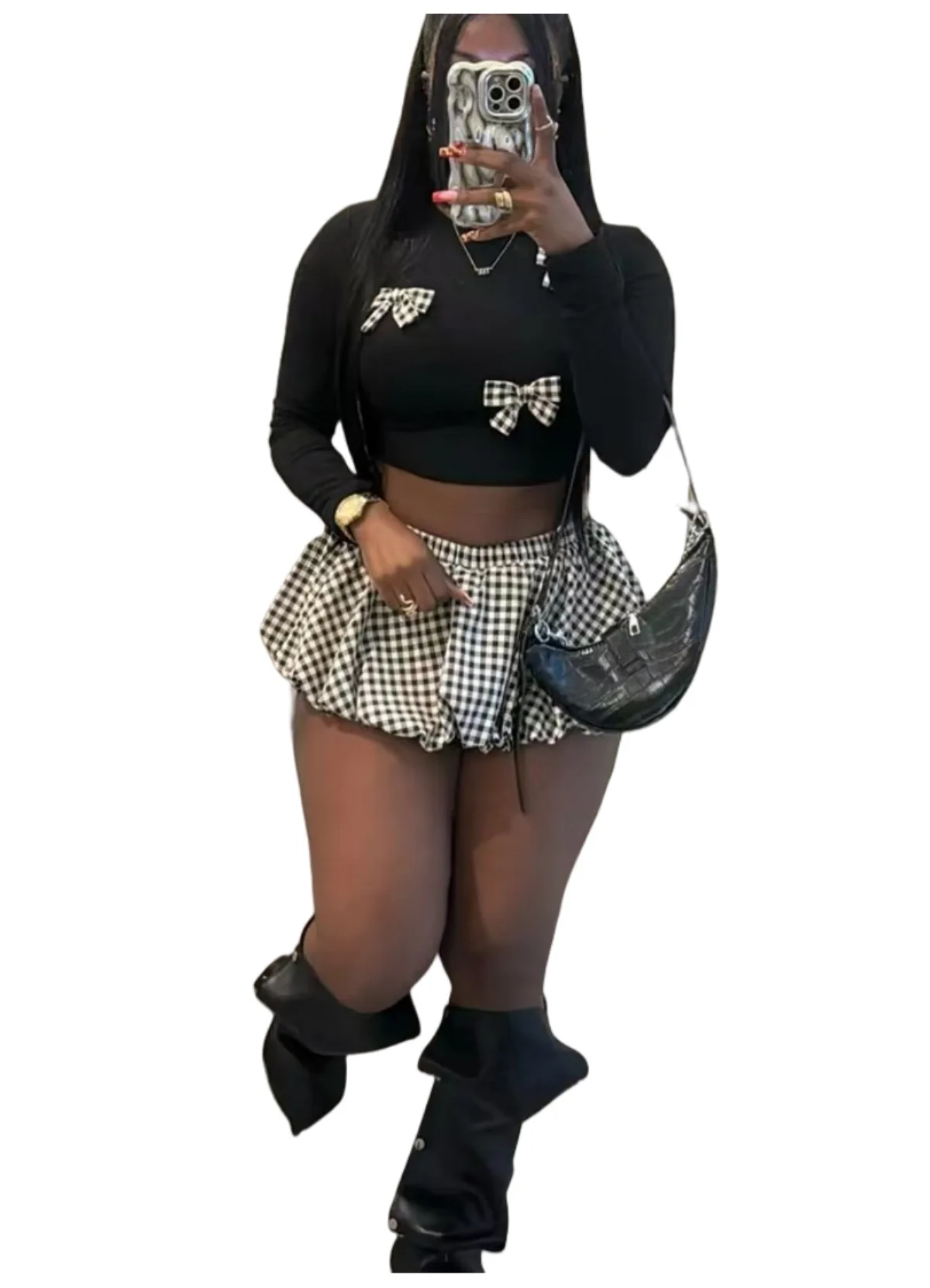 CM.YAYA Women Mini Plaid Skirts Set +Full Sleeve Bow T-shirts Two 2 Piece Set Outfits Fall Casual Street Night Club Cute Outfits