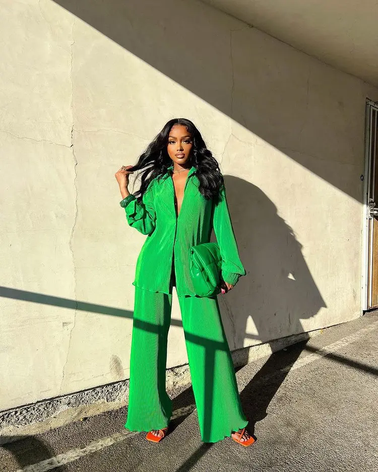 CM.YAYA Pleated Solid Women Set Long Sleeve Shirts and Straight Wide Leg Pants Suits Tracksuit Two Piece Set Fitness Outfits