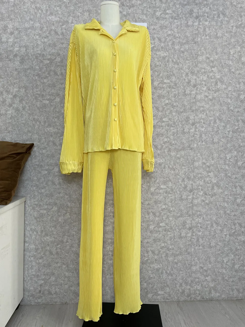 CM.YAYA Pleated Solid Women Set Long Sleeve Shirts and Straight Wide Leg Pants Suits Tracksuit Two Piece Set Fitness Outfits