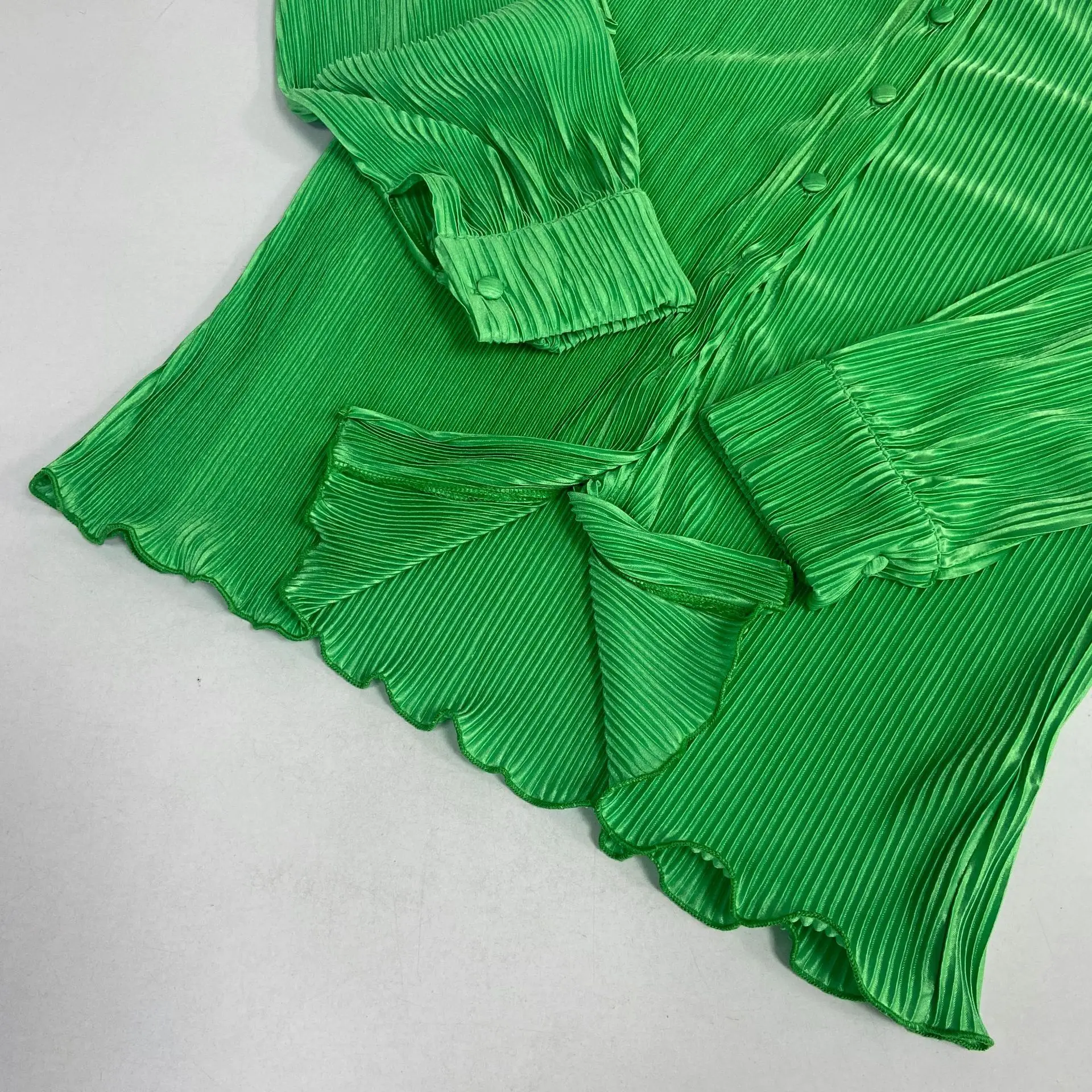 CM.YAYA Pleated Solid Women Set Long Sleeve Shirts and Straight Wide Leg Pants Suits Tracksuit Two Piece Set Fitness Outfits