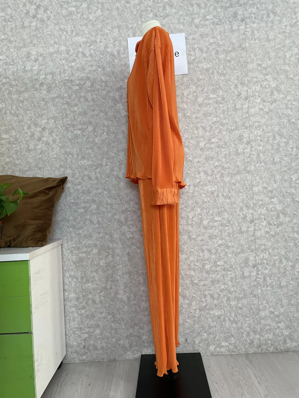 CM.YAYA Pleated Solid Women Set Long Sleeve Shirts and Straight Wide Leg Pants Suits Tracksuit Two Piece Set Fitness Outfits