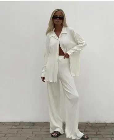 CM.YAYA Pleated Solid Women Set Long Sleeve Shirts and Straight Wide Leg Pants Suits Tracksuit Two Piece Set Fitness Outfits